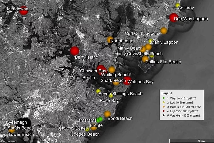 Une carte de Sydney avec des cercles rouges, jaunes et verts à différents endroits.