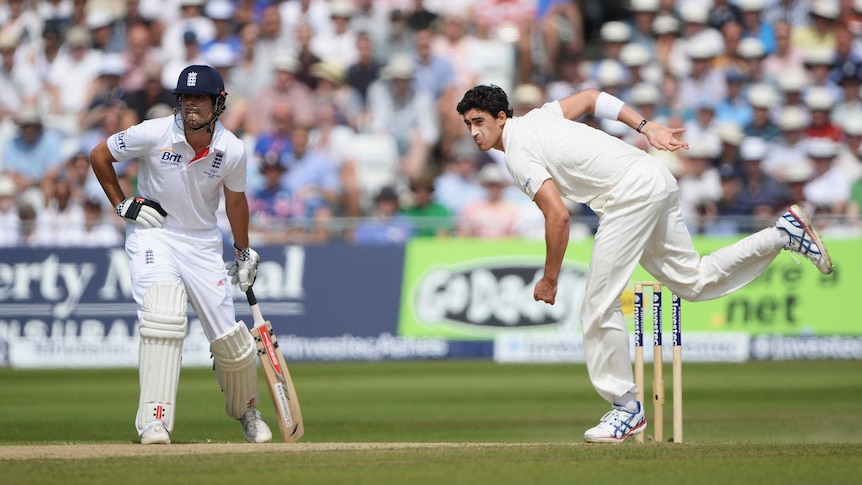 Australian paceman Mitchell Starc bowls to Kevin Pietersen in the first Ashes Test.