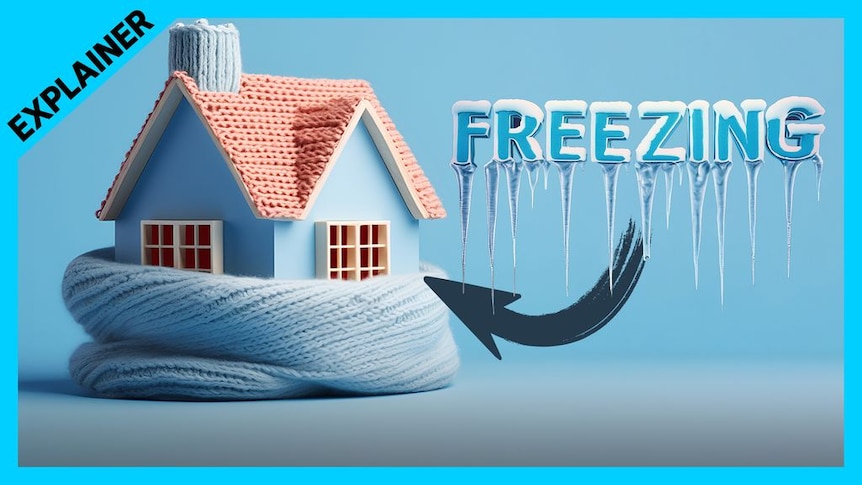 A graphic of the words 'Freezing' with icicles on the bottom of the letters and a house wrapped in a blanket.