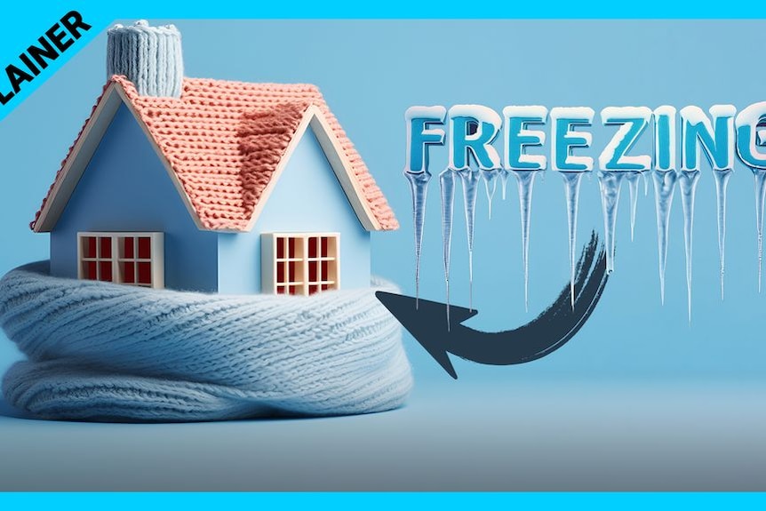 A graphic of the words 'Freezing' with icicles on the bottom of the letters and a house wrapped in a blanket.
