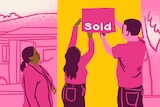 A pink and yellow cartoon illustration of a man and a woman putting a sold sticker on a sign, an older woman watching them