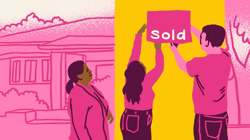 A pink and yellow cartoon illustration of a man and a woman putting a sold sticker on a sign, an older woman watching them