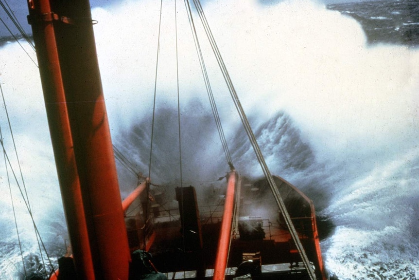 Big seas buffer a ship on the Southern Ocean on way to Antarctica.