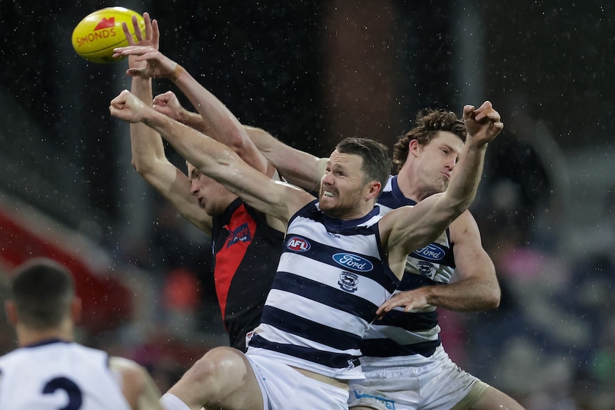Patrick Dangerfield, Jed Bews and Nik Cox all crash into each other as they compete for a ball in the air
