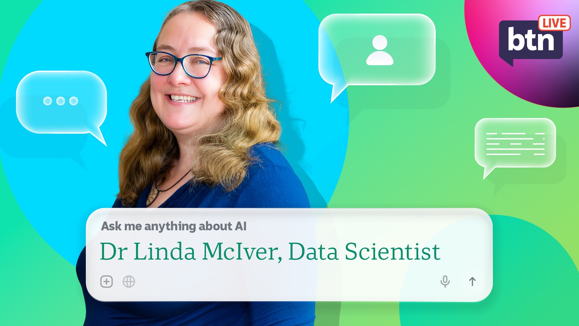 Dr Linda McIver smiling beside speech bubbles and text reading 