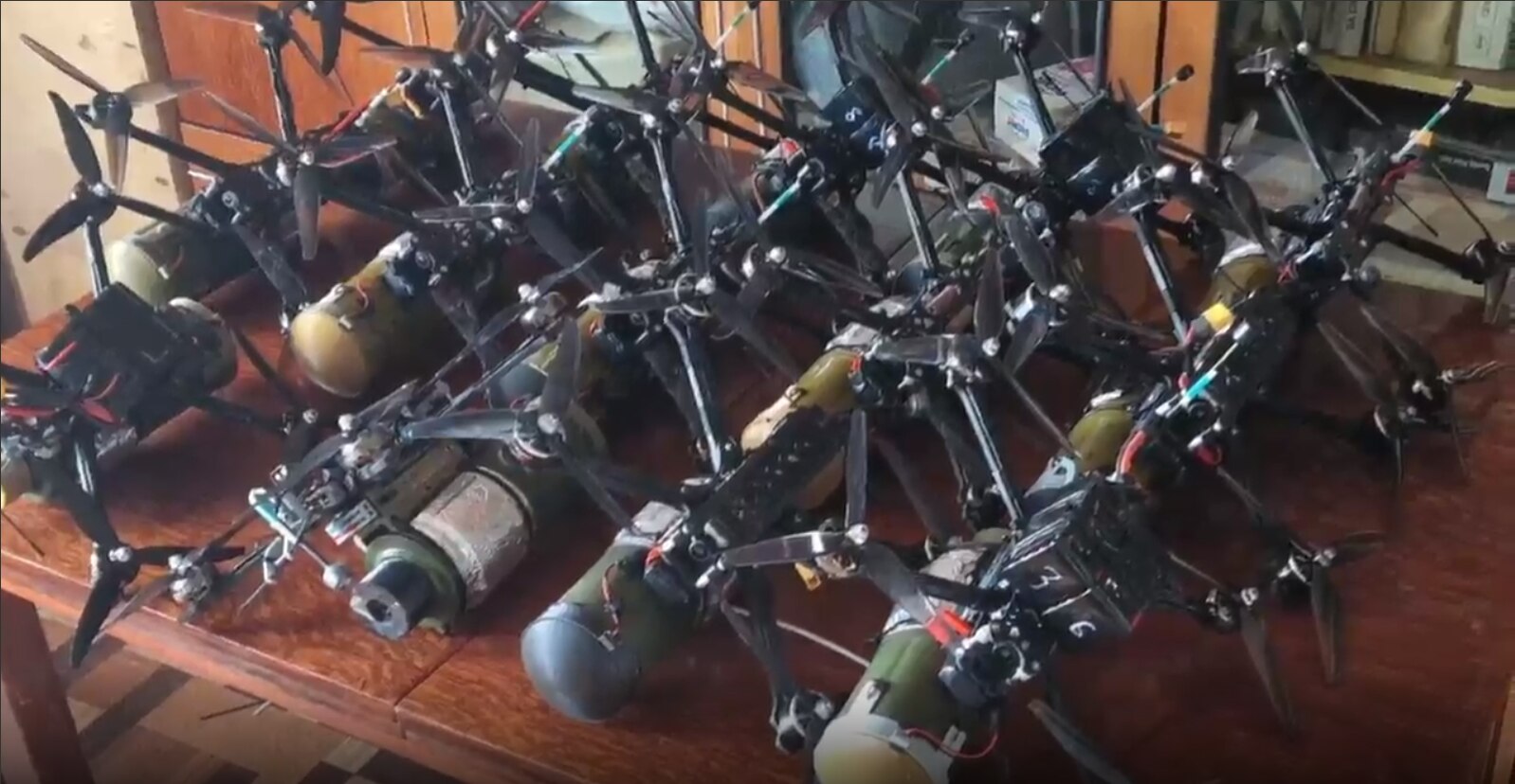 A group of FPV drones with warheads attached