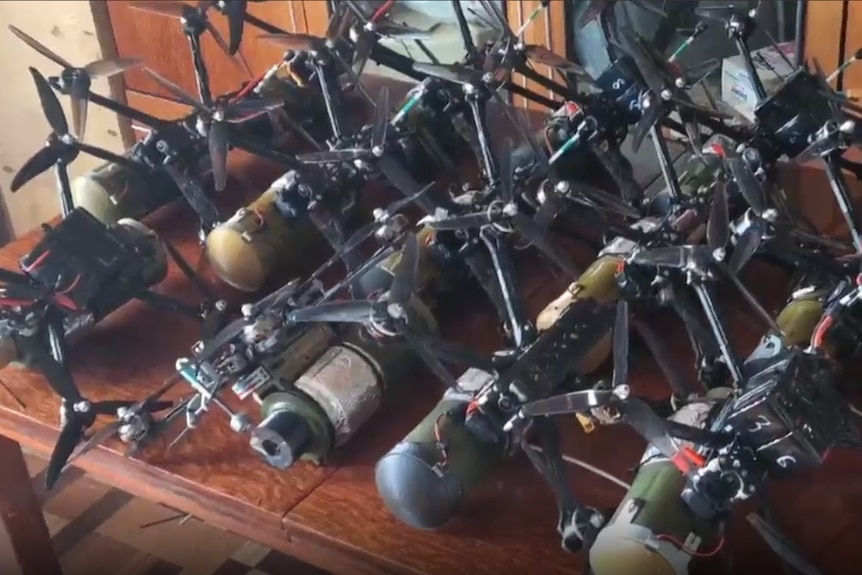 A group of FPV drones with warheads attached