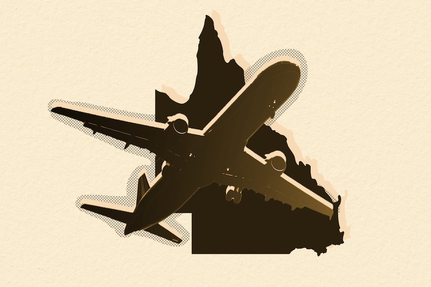 A graphic showing a plane flying over a map of Queensland.