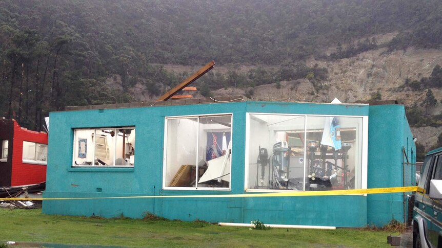 Damage to a boating business at Burnie after severe winds.
