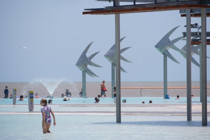 Children and adults swim in Cairns Lagoon, in front of giant metal fish statues