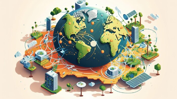 Stylized Earth with interconnected lines, surrounded by technology and nature elements.