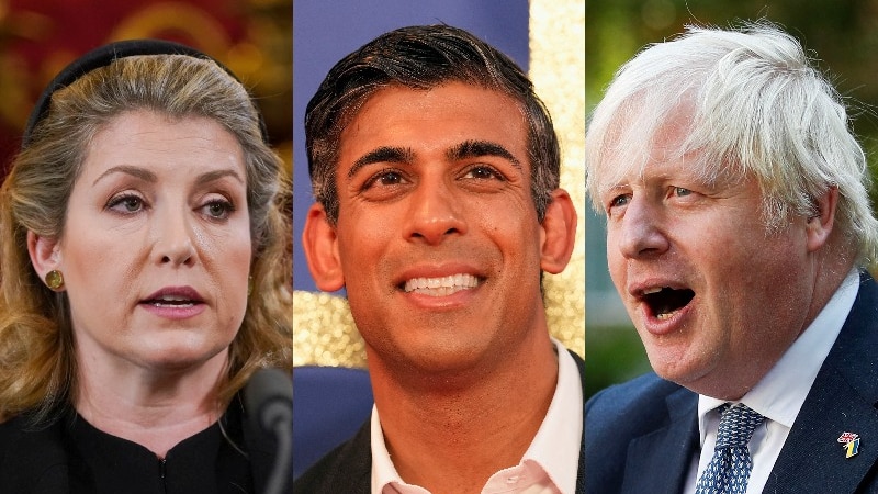 A composite image of Penny Mordaunt, Rishi Sunak, and Boris Johnson. 