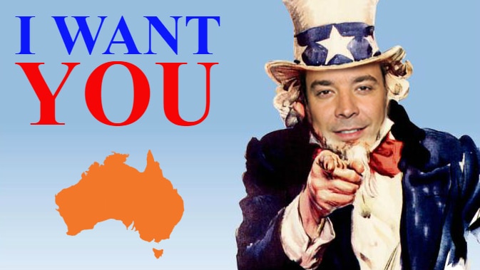 Jimmy Fallon as Uncle Sam asking for Aus music