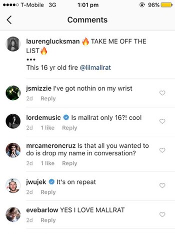 Lorde comments on Mallrat's Instagram post. @lordemusic says "Is mallrat only 16?! cool" other commenters praise 'Uninvited'