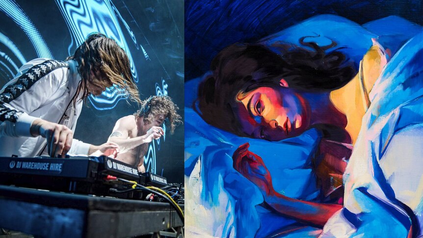 A collage of Peking Duk performing live at Splendour In the Grass 2017 with the front cover of Lorde's 2017 album Melodrama