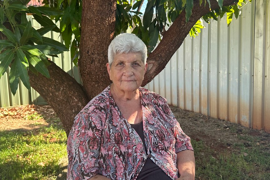 A senior citizen wearing a pink patterned blouse sits under a large tree and looks into the camera