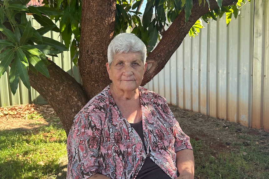A senior citizen wearing a pink patterned blouse sits under a large tree and looks into the camera