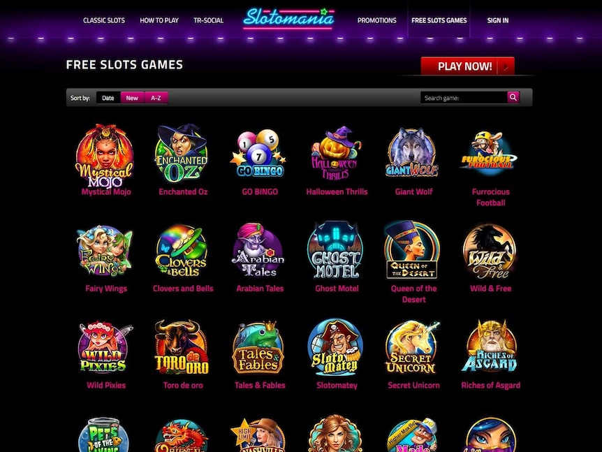 A page on the Slotomania website shows the range of games that can be played online.