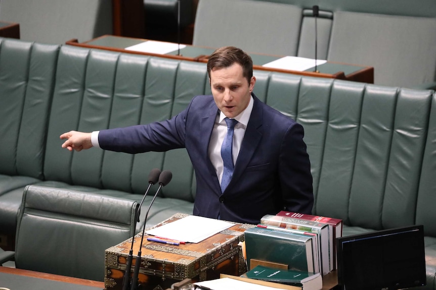 Hawke is standing at the despatch box, pointing with his right arm, mid speech.