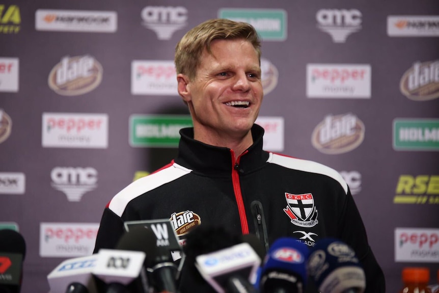 Nick Riewoldt speaks at a press conference.