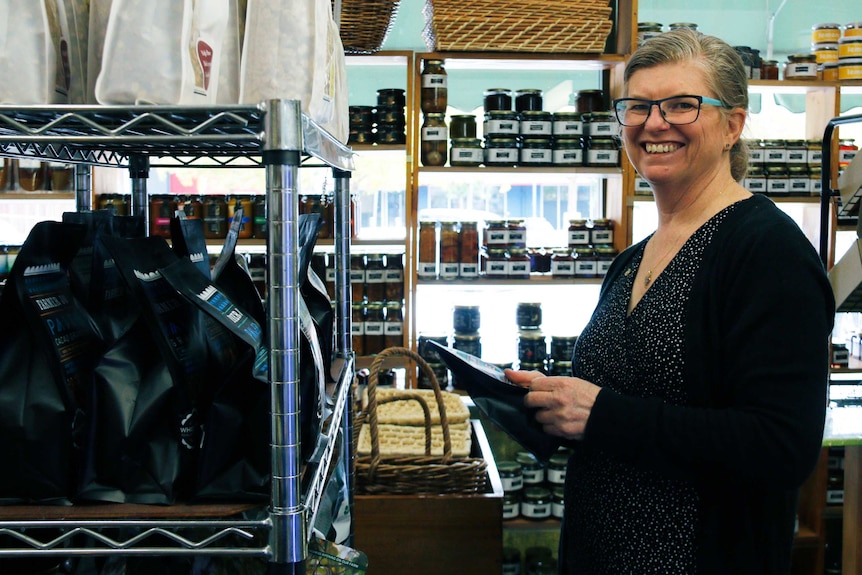 Nancy Harrison inside her gourmet food shop at the Belconnen Markets.