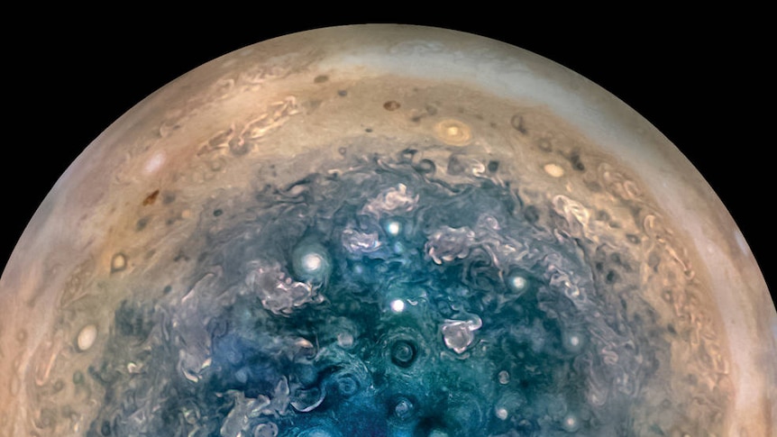 Jupiter's south pole, as seen by NASA's Juno spacecraft.