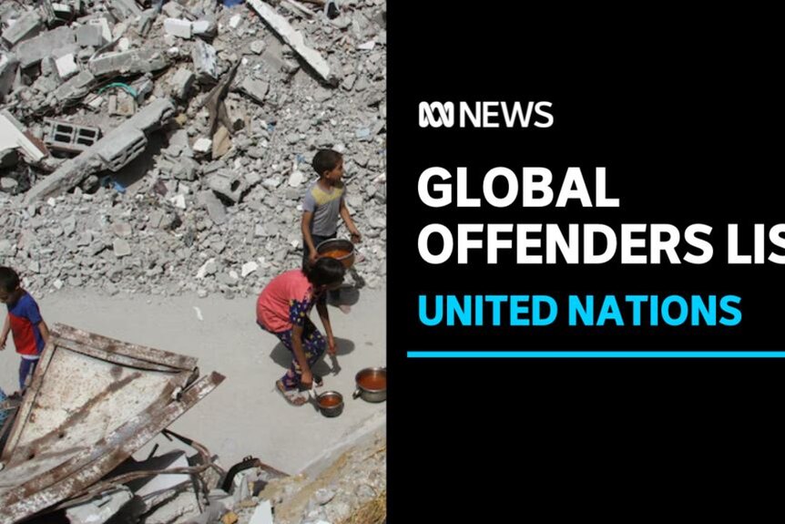 Global Offenders List, United Nations: Children on a dusty street amid rubble and damaged buildings.