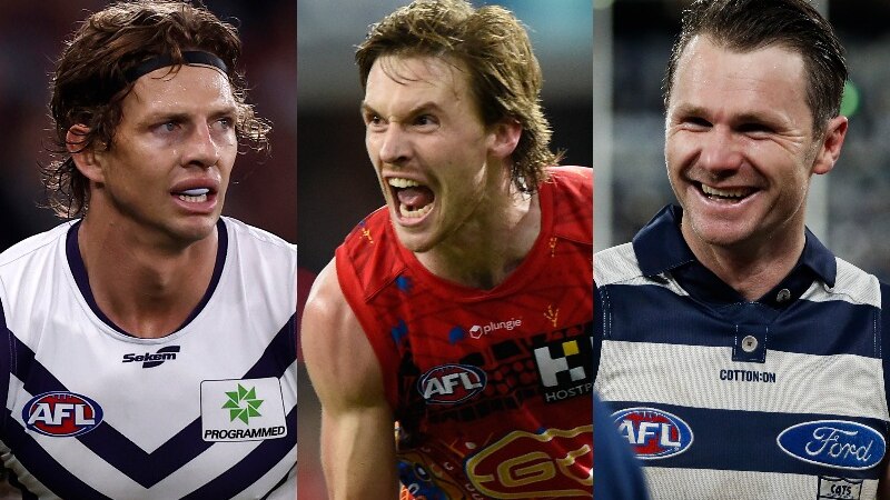 A composite image of Nat Fyfe, Noah Anderson and Patrick Dangerfield.