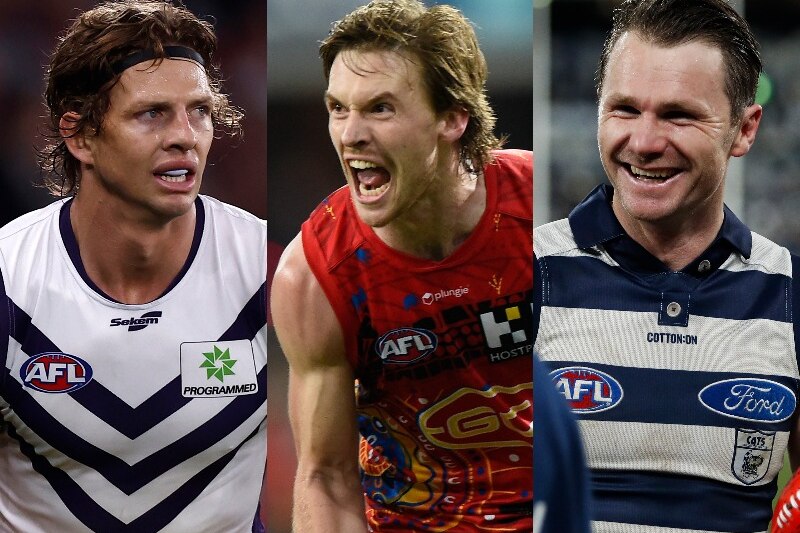 A composite image of Nat Fyfe, Noah Anderson and Patrick Dangerfield.