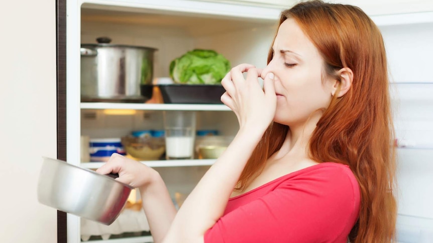 A woman holds her nose while looking at food she's just pulled out of the fridge