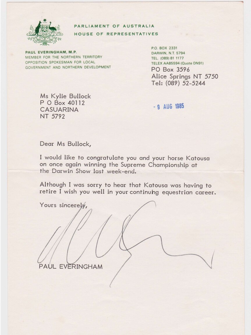 A letter from 1985 from a politician to a horse show winner.