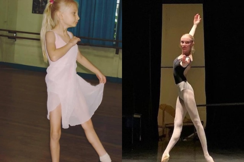 Young ballerina about 5 years old and then a teenage ballerina doing a ballet pose