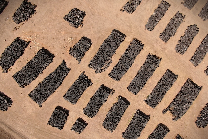 Miles de neumáticos usados ​​amontonados esparcidos sobre un paisaje marrón.