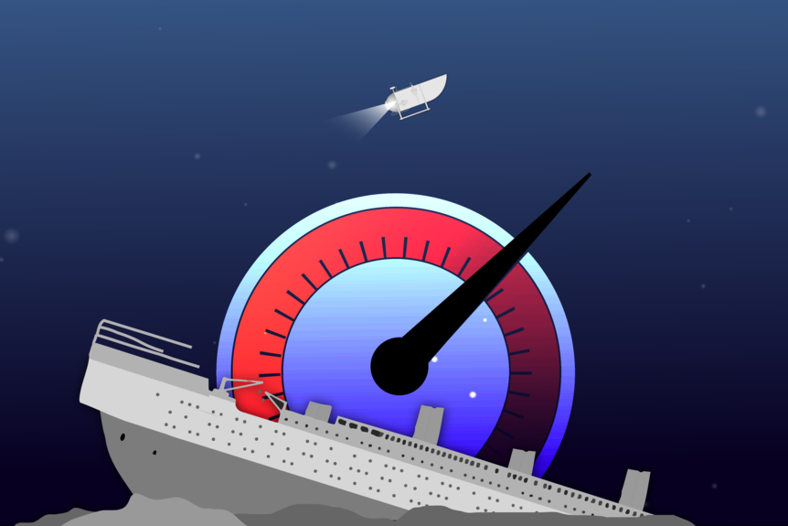 Illustration of a pressure gauge sitting deep below the ocean, behind the titanic wreckage 