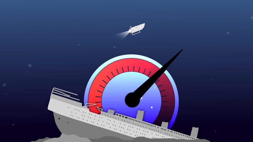 Illustration of a pressure gauge sitting deep below the ocean, behind the titanic wreckage 