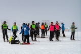 A group of skiers gathered at the top of a ski course