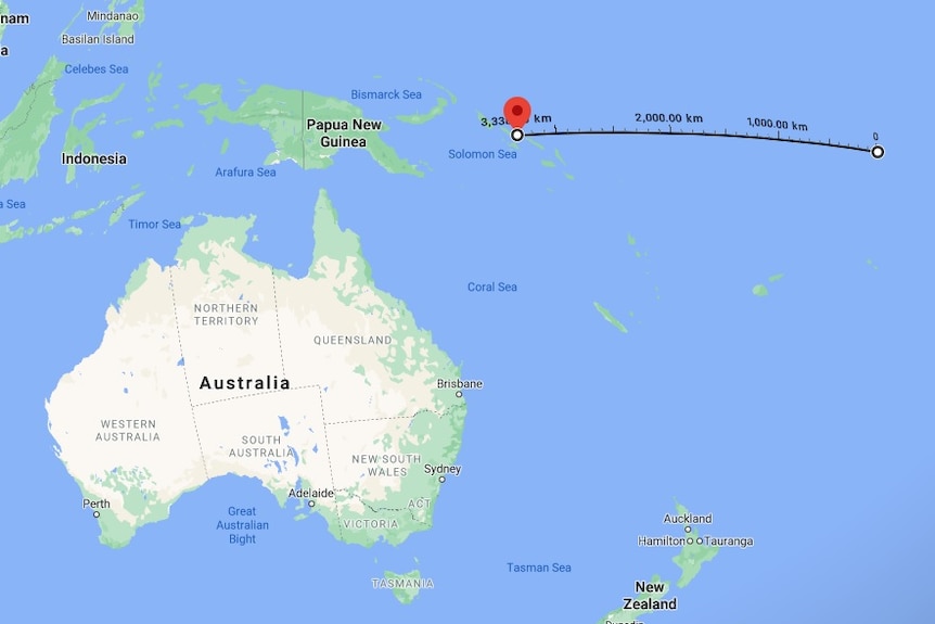 A map showing the distance between Wagina Island in Solomon Islands and Hull Island, part of what is now Kiribati.