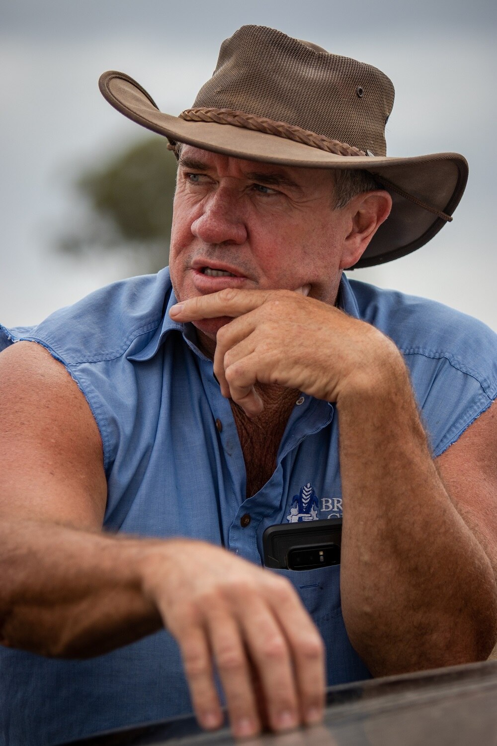 A canola farmer, wearing a hat, looking worried about his failed crop