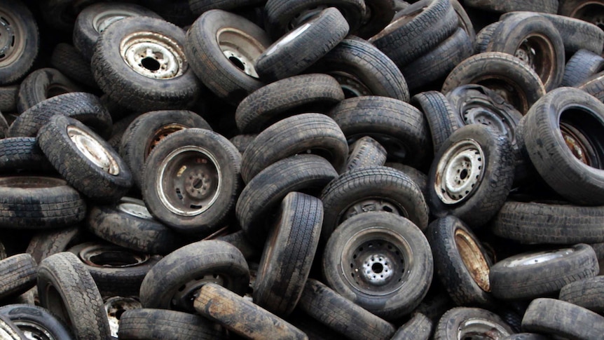 Used tyres in a pile