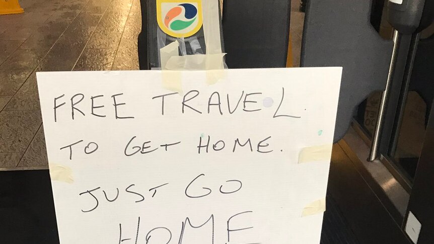 A sign at a train station telling of free travel