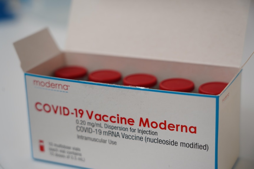 Box of vials with Modern COVID-19 vaccine