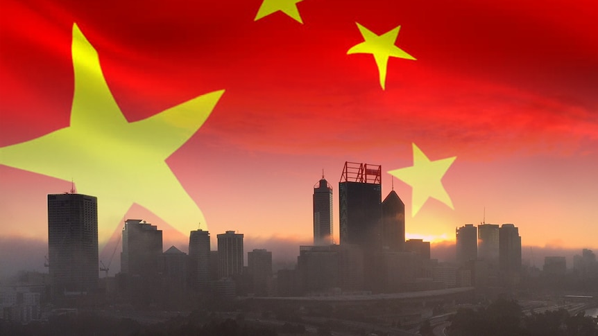 The Perth skyline with the Chinese flag floating above.