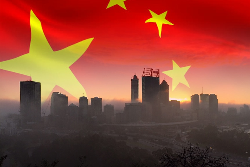 The Perth skyline with the Chinese flag floating above.