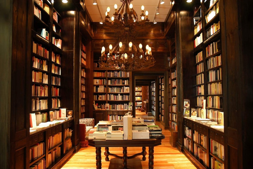 A bookshop filled with dark wooden bookshelves and an ornate candelabra