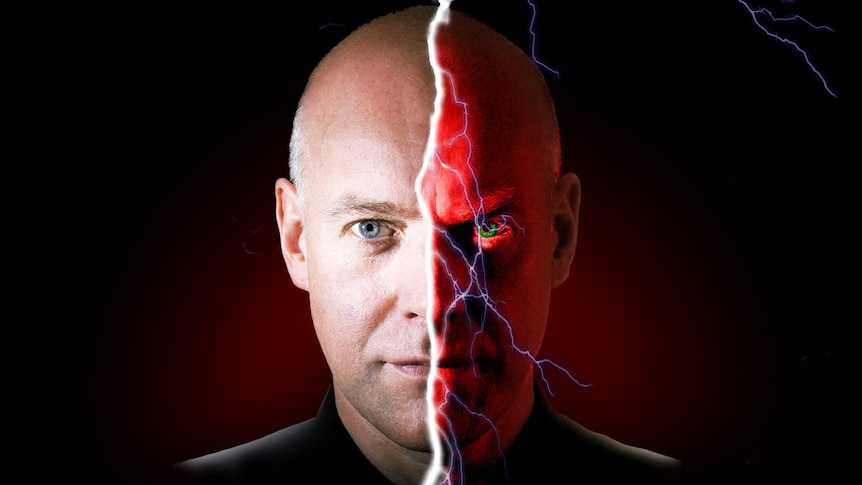 A composite image of Anthony Warlow's face divided in half by lightning — one side natural-looking, the other side dark and red.