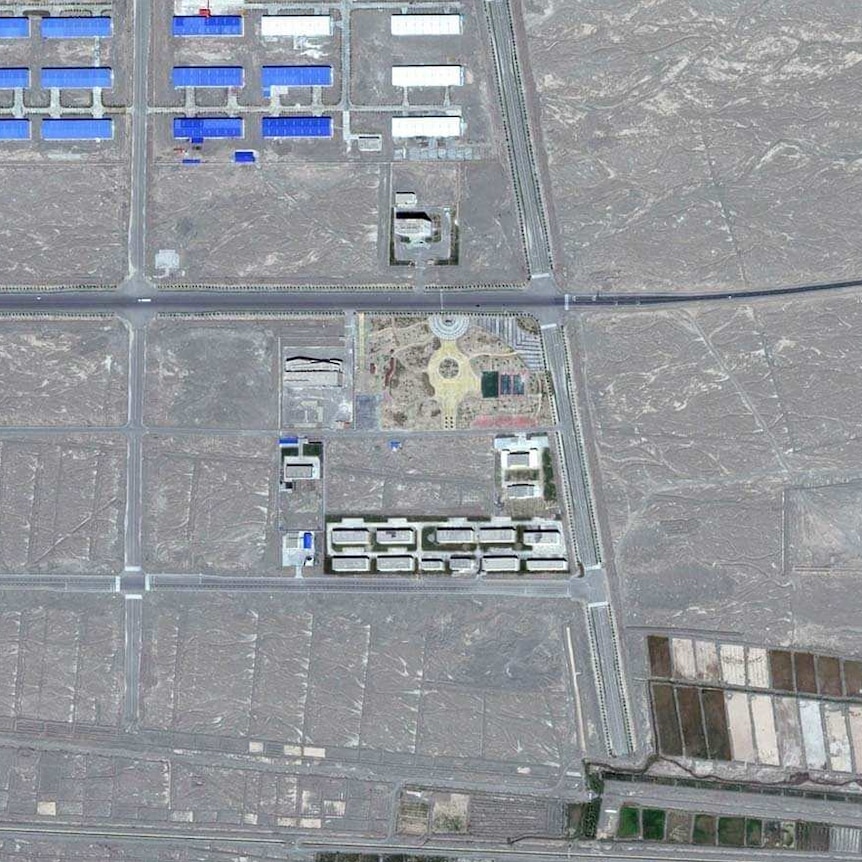 A satellite image showing a re-education camp in Xinjiang, China.