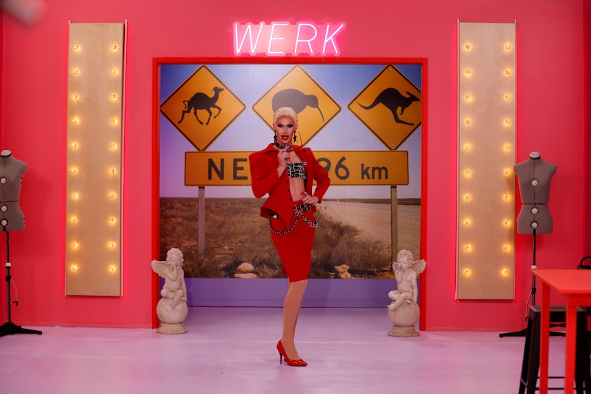 White drag queen Scarlet Adams enters the workroom in RuPaul's Drag Race Down Under