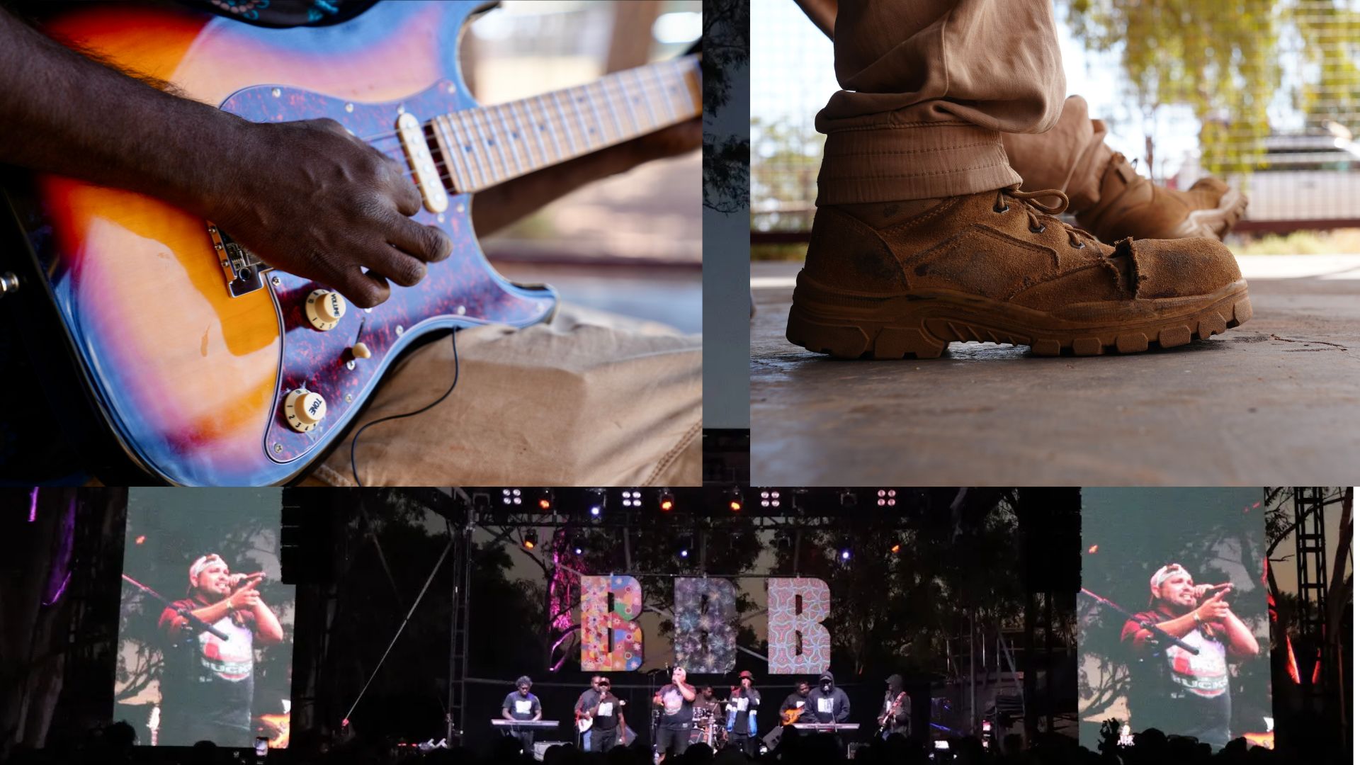 A composite picture showing a foot, close up of hand playing a guitar and a concert.