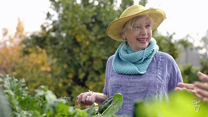 Woman wearing a hat and carrying a basket in a vegie garden