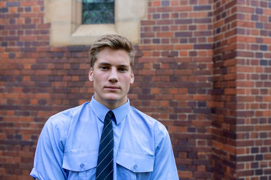 Nicholas Grice, a Brisbane Grammar School student and first XV player, looking at the camera.